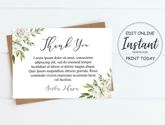 White pastel roses funeral thank you cards templates