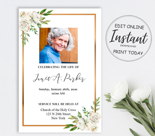 White flowers gold border funeral invitation template