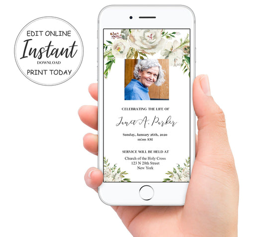 White flowers with greenery on the front of this funeral invitation template shown on a phone