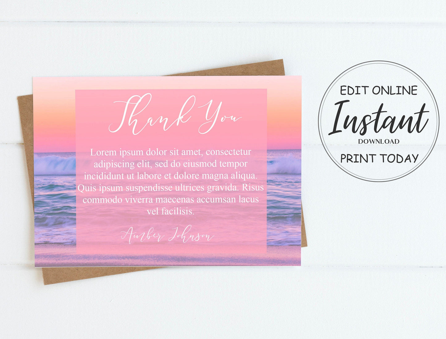 Colorful ocean sunset background thank you card template