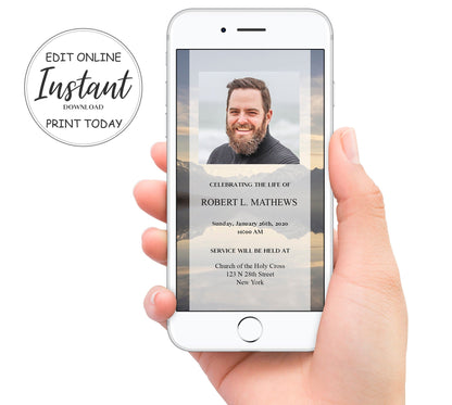 Mountain lake funeral invitation with edit online instantly sticker