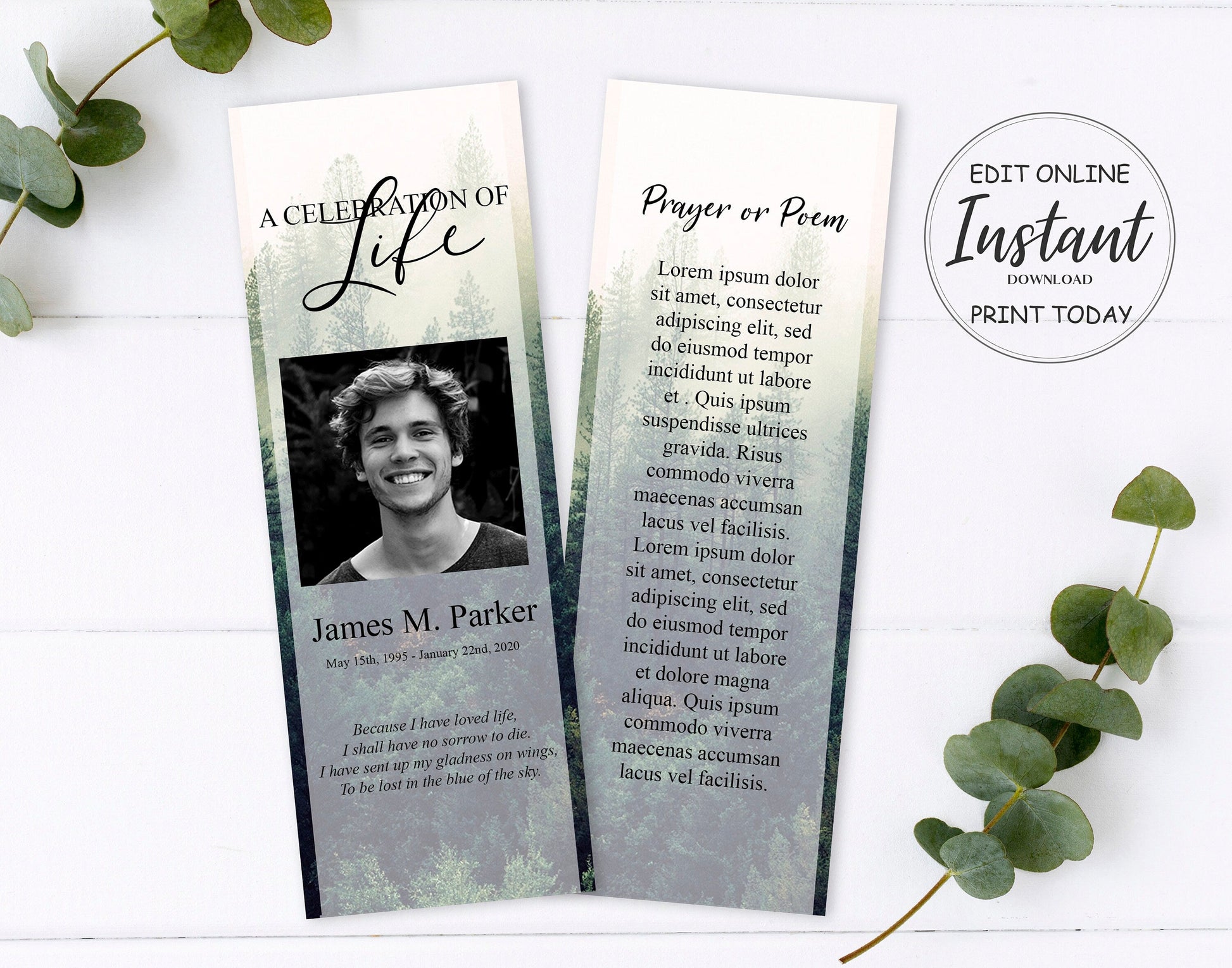 Classic funeral bookmark template designed to accompany funeral programs