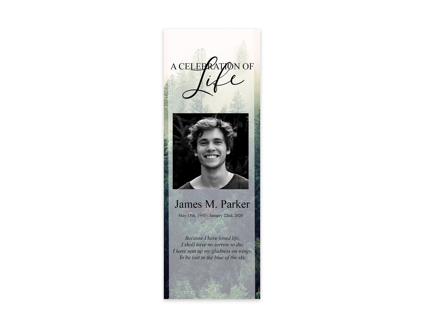 front of misty forest theme funeral bookmark template