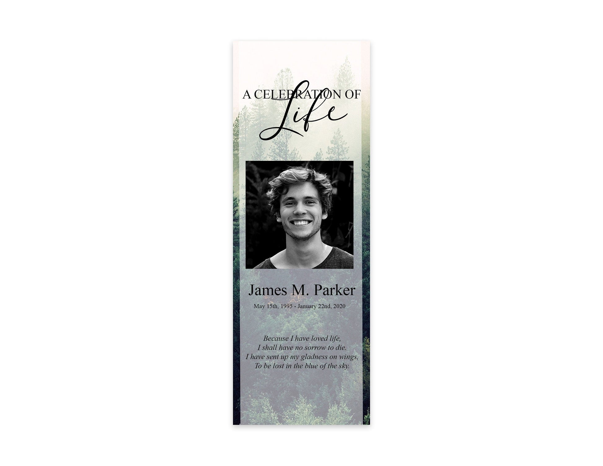 front of misty forest theme funeral bookmark template