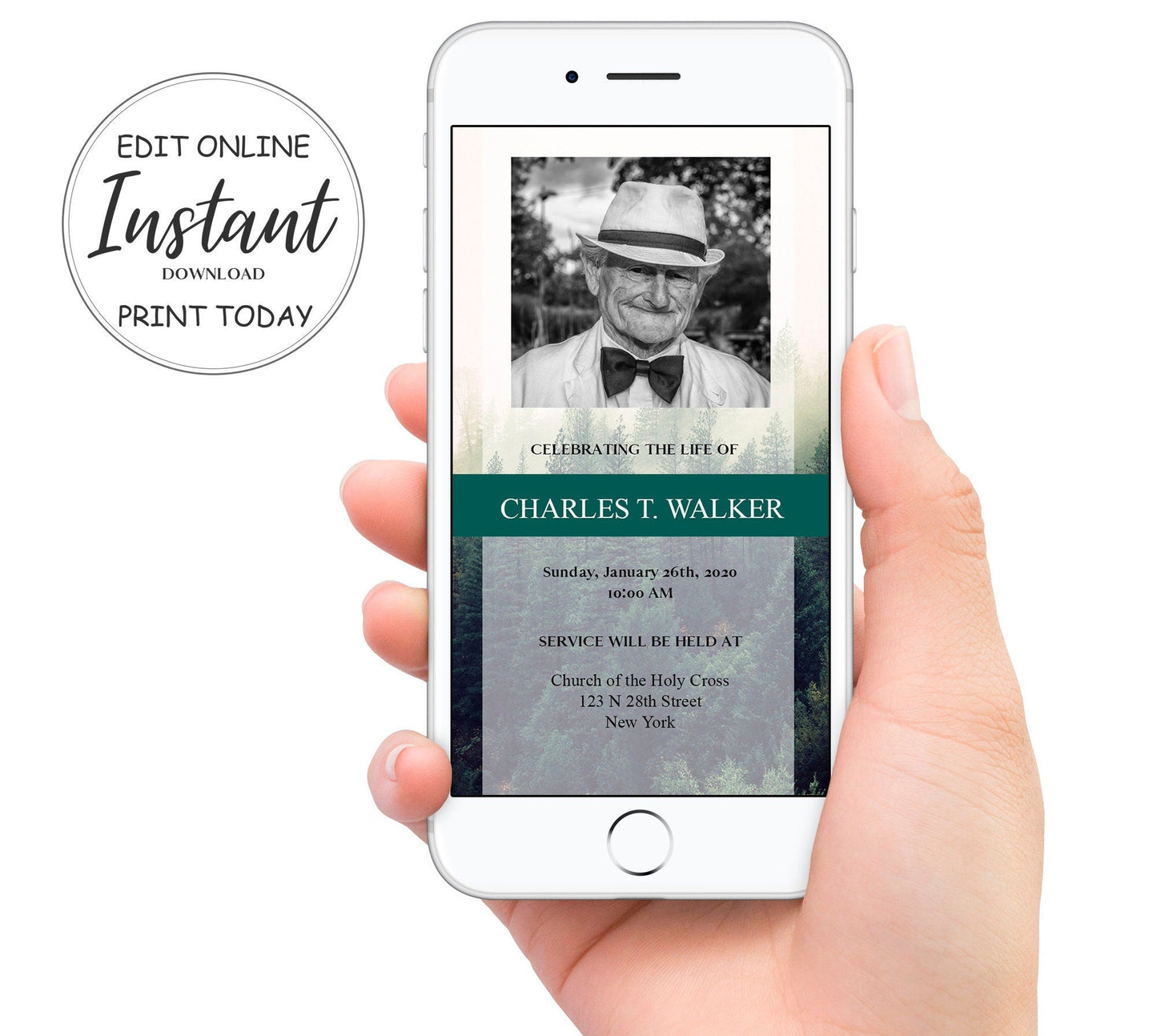 Misty forest theme funeral invitation template editable online - Instant download sticker