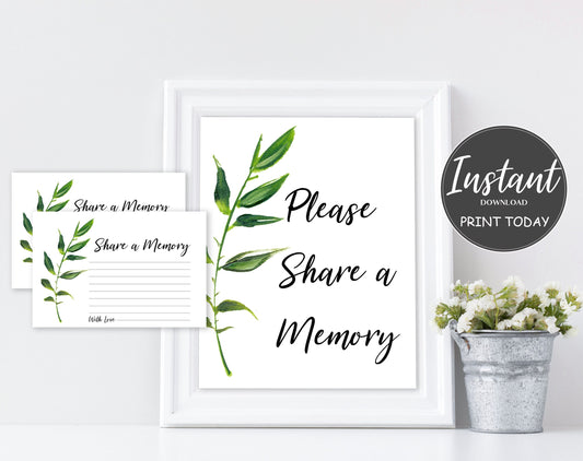 Share a Memory Sign and Cards for Funeral | Memorial Keepsake | Celebration of Life Favors | Greenery Funeral Favors