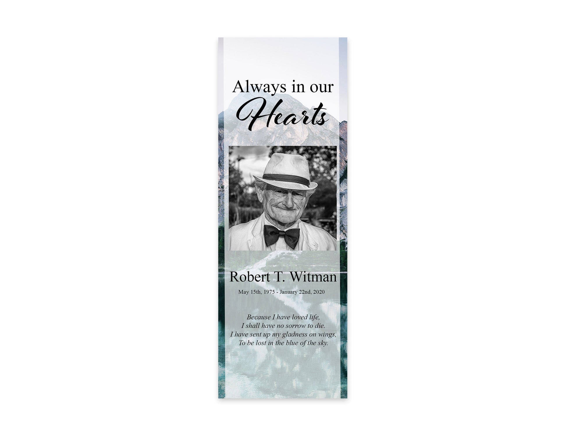funeral bookmark template front with mountain theme