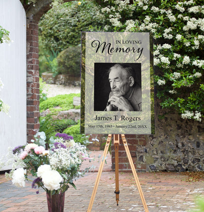 editable funeral poster template on display next to flowers