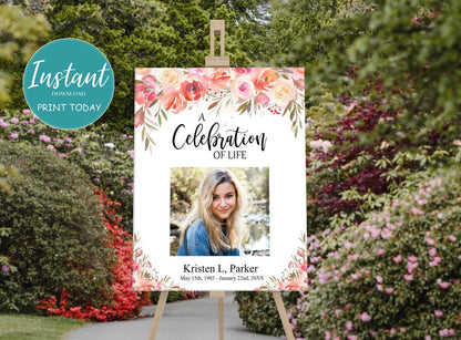 Pink Floral Funeral Photo Display Poster
