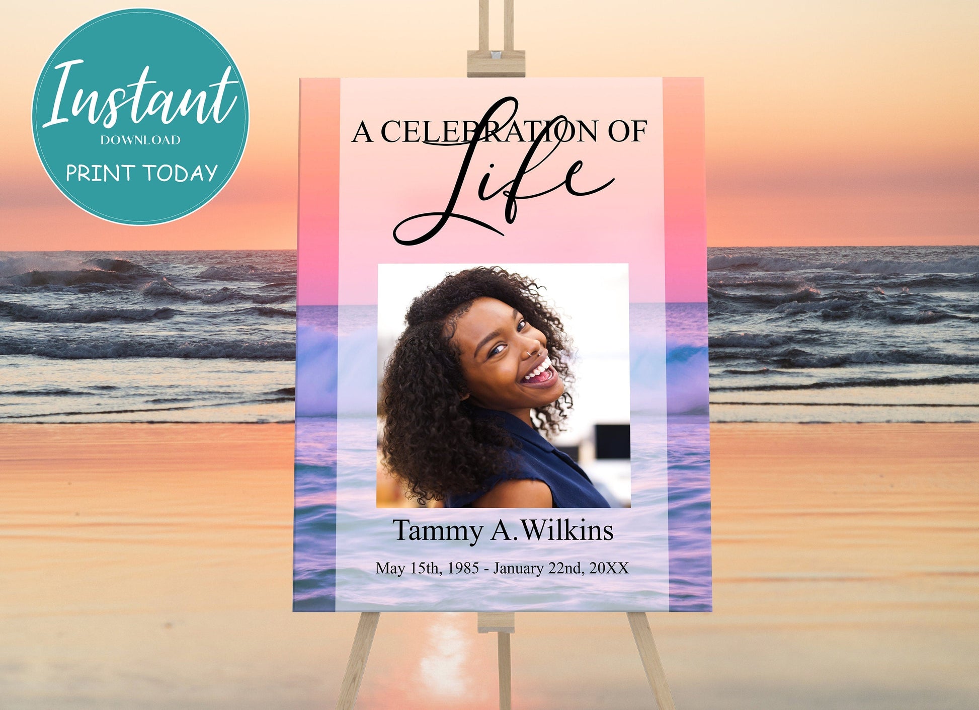 Beach backdrop wiht beach theme funeral poster template