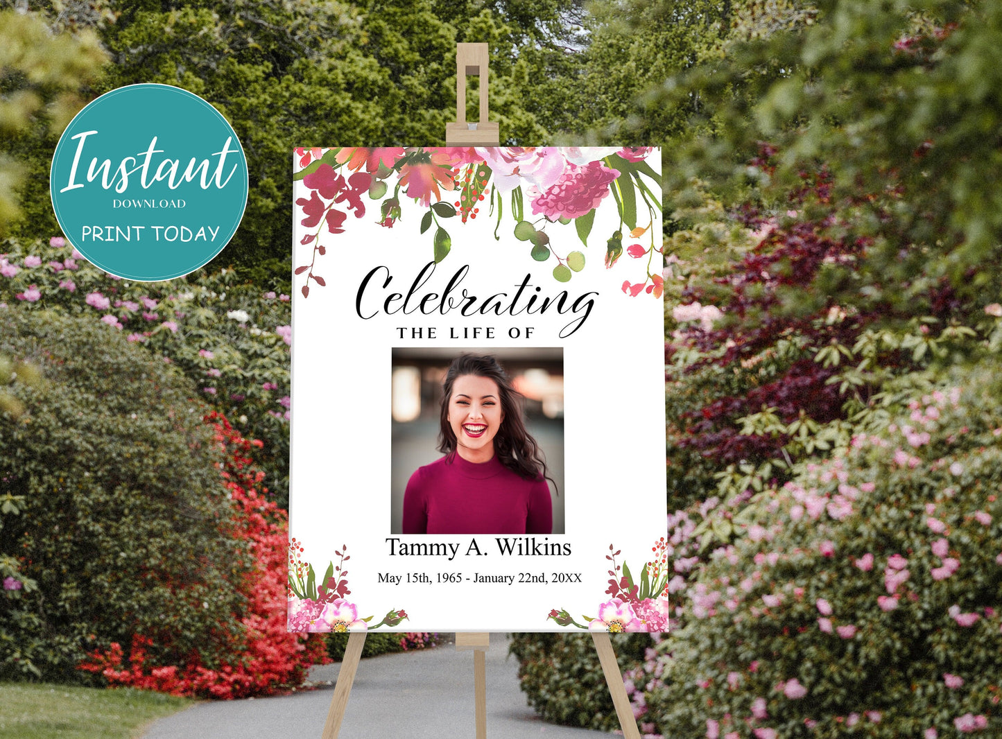 Red Floral Funeral Photo Display Poster Template