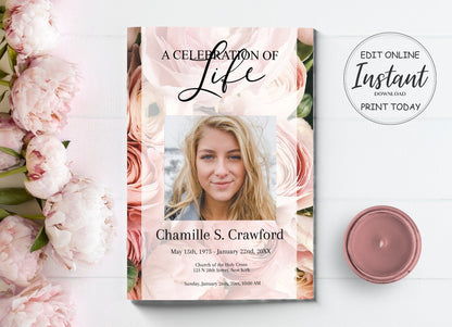 8 Page Pink Roses Celebration of Life Program With Obituary Template