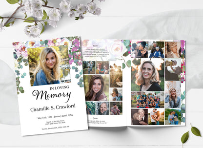 front page and inside page of funeral program templates with photo collage
