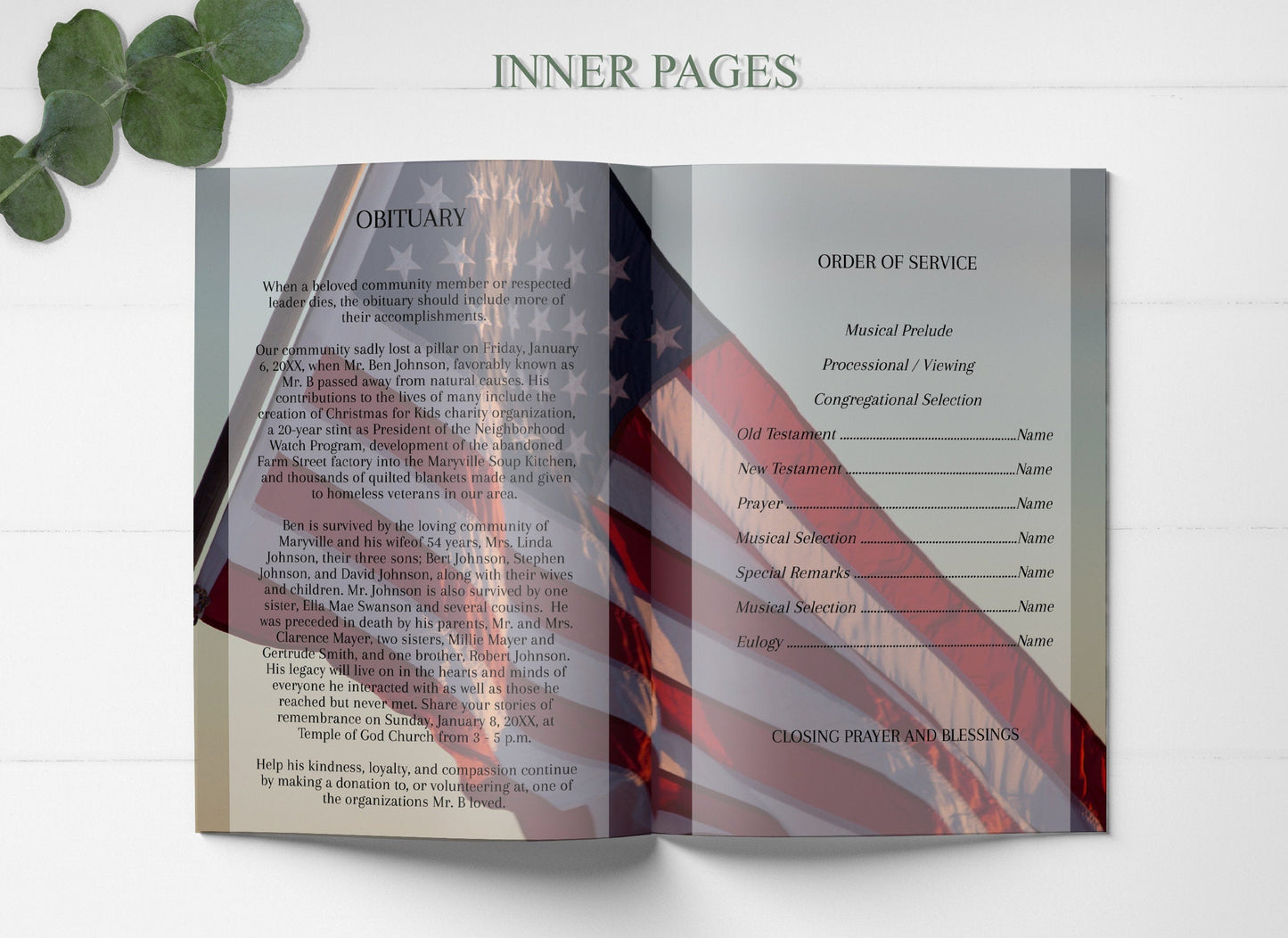 American Flag Funeral Program Template | Obituary Template | Veteran Memorial Service Program | A114
