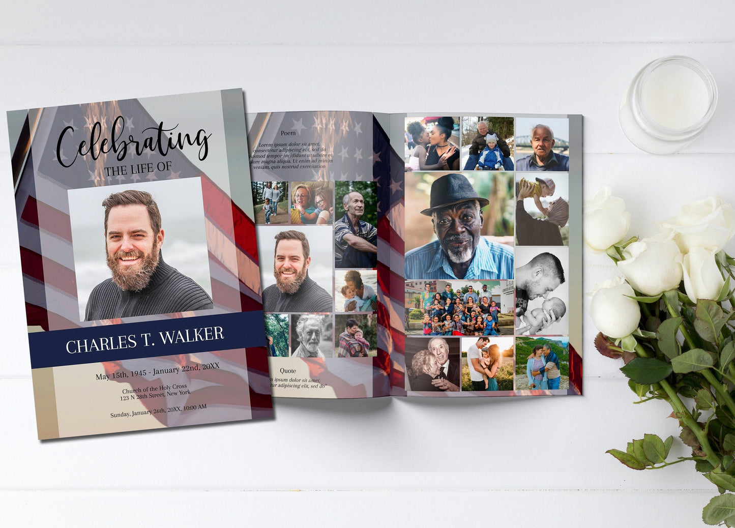 American Flag background with photo collage inlay funeral program template