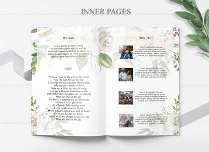 White Roses Obituary Template with  Gold & Greenery - 8 Page