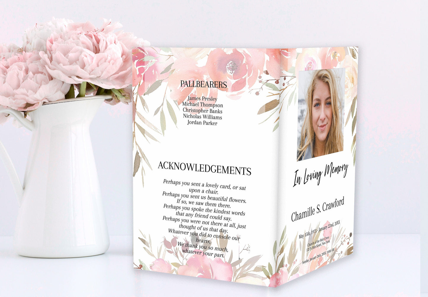 Pink Theme Funeral Program Template - 4 Page