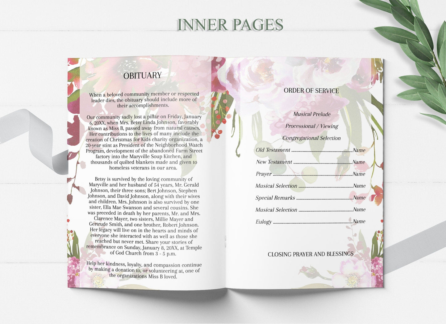 Funeral Program Designed With Red Flowers - 8 Page