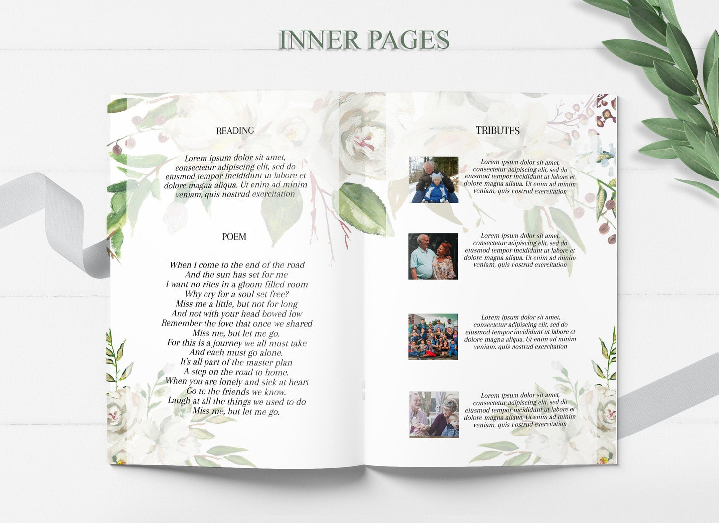 Classic Greenery Funeral Program Template 8 Pages