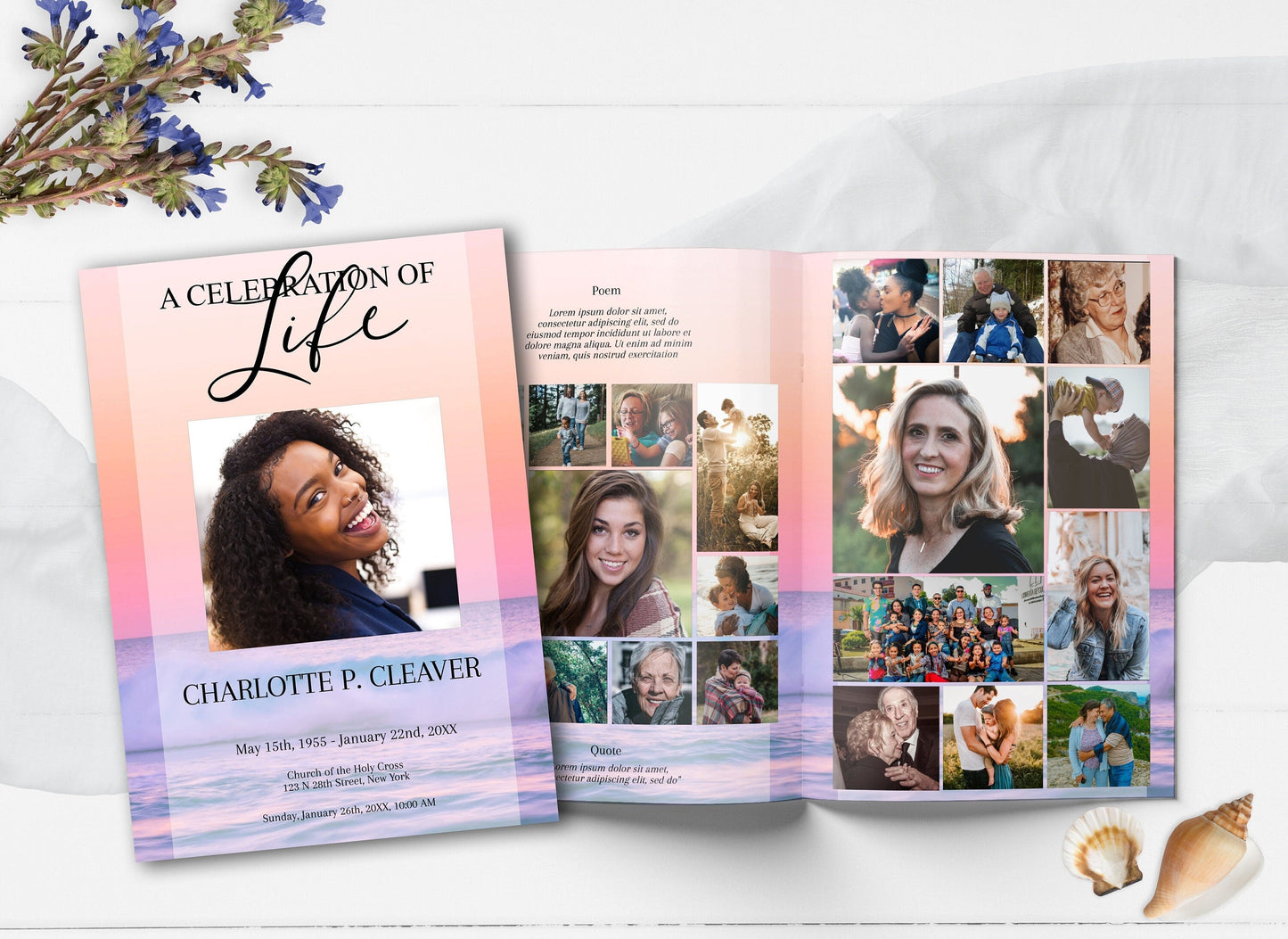 Pink Ocean Sunset Funeral Program Template - 8 Page