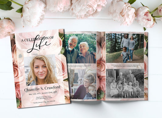 Pink roses funeral program template pages with photo inserts