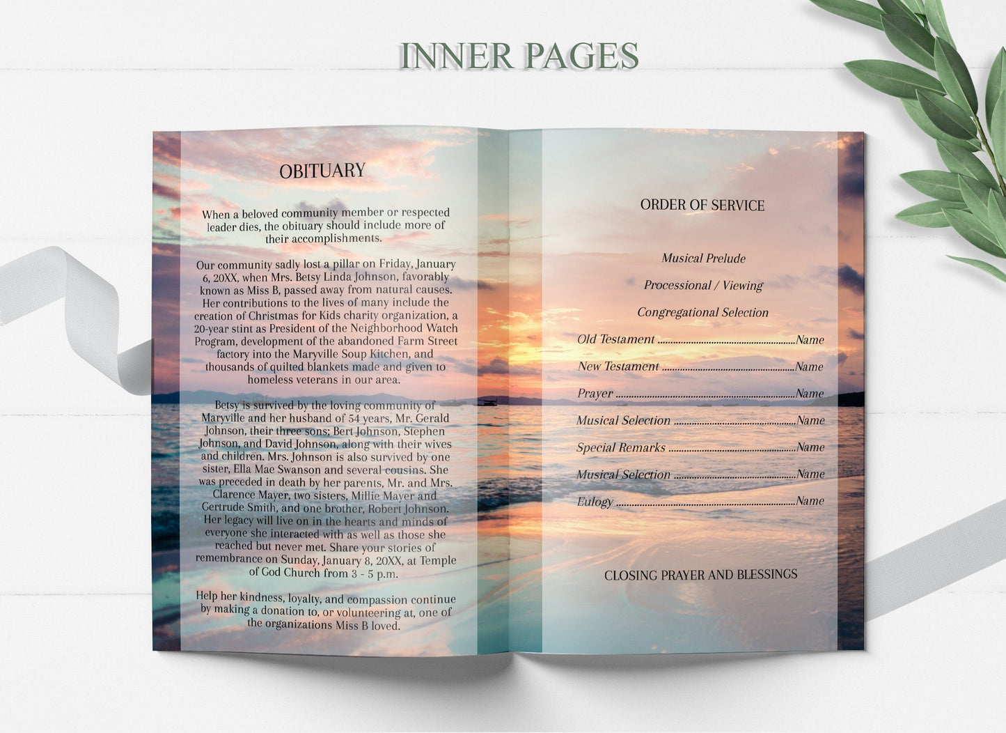 Obituary template inside funeral program along with order of service 