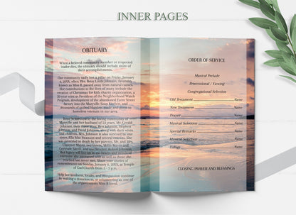 Yellow Ocean Sunset Themem Funeral Program Template - 8 Page