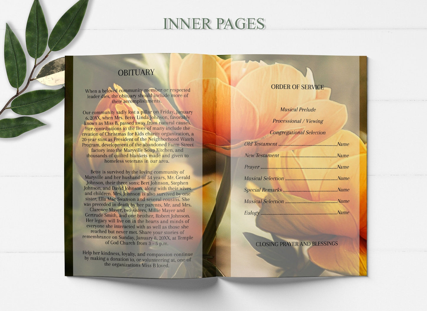 Yellow Flower 8 Page Funeral Program Template