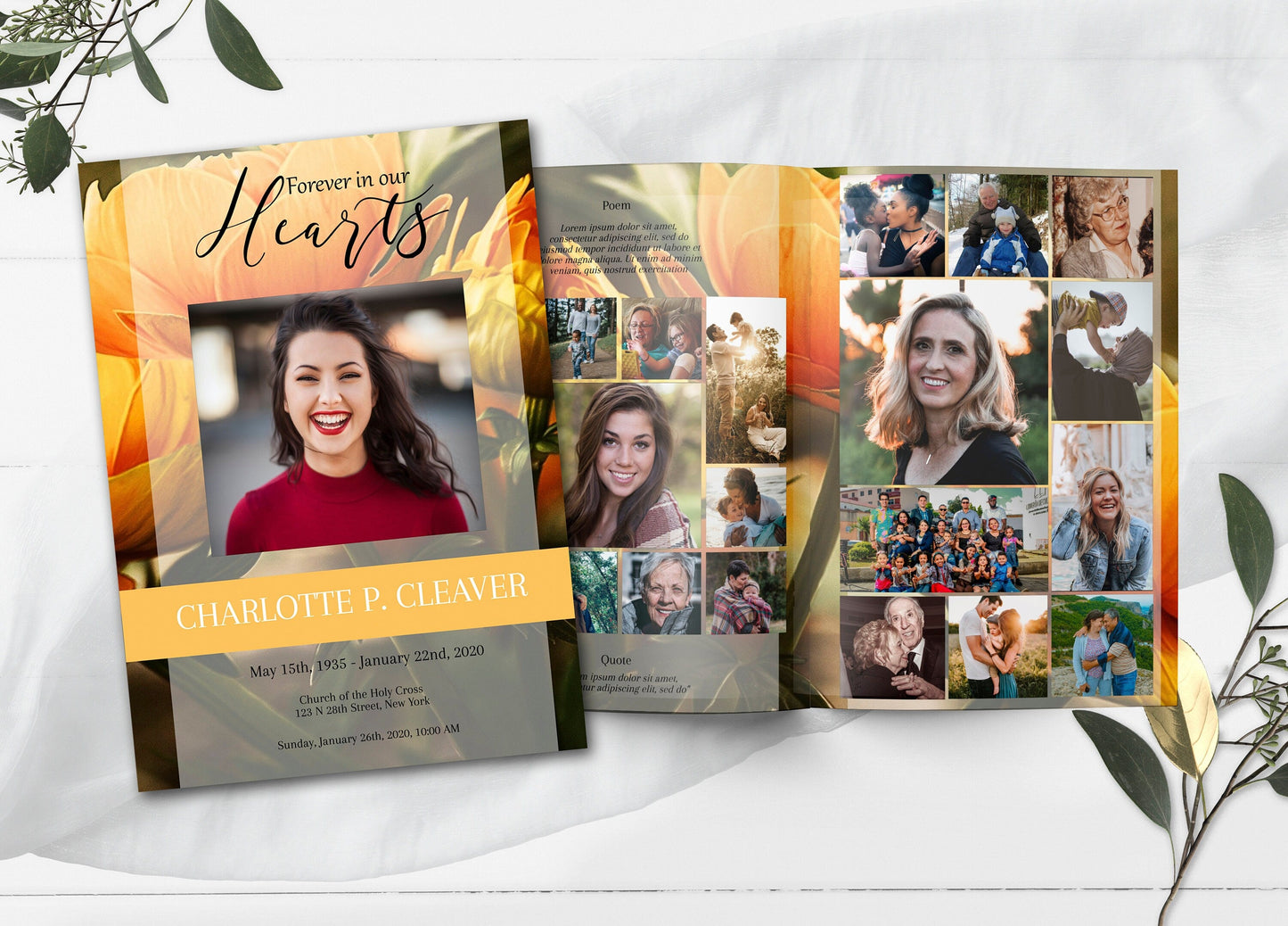 Yellow Flower 8 Page Funeral Program Template