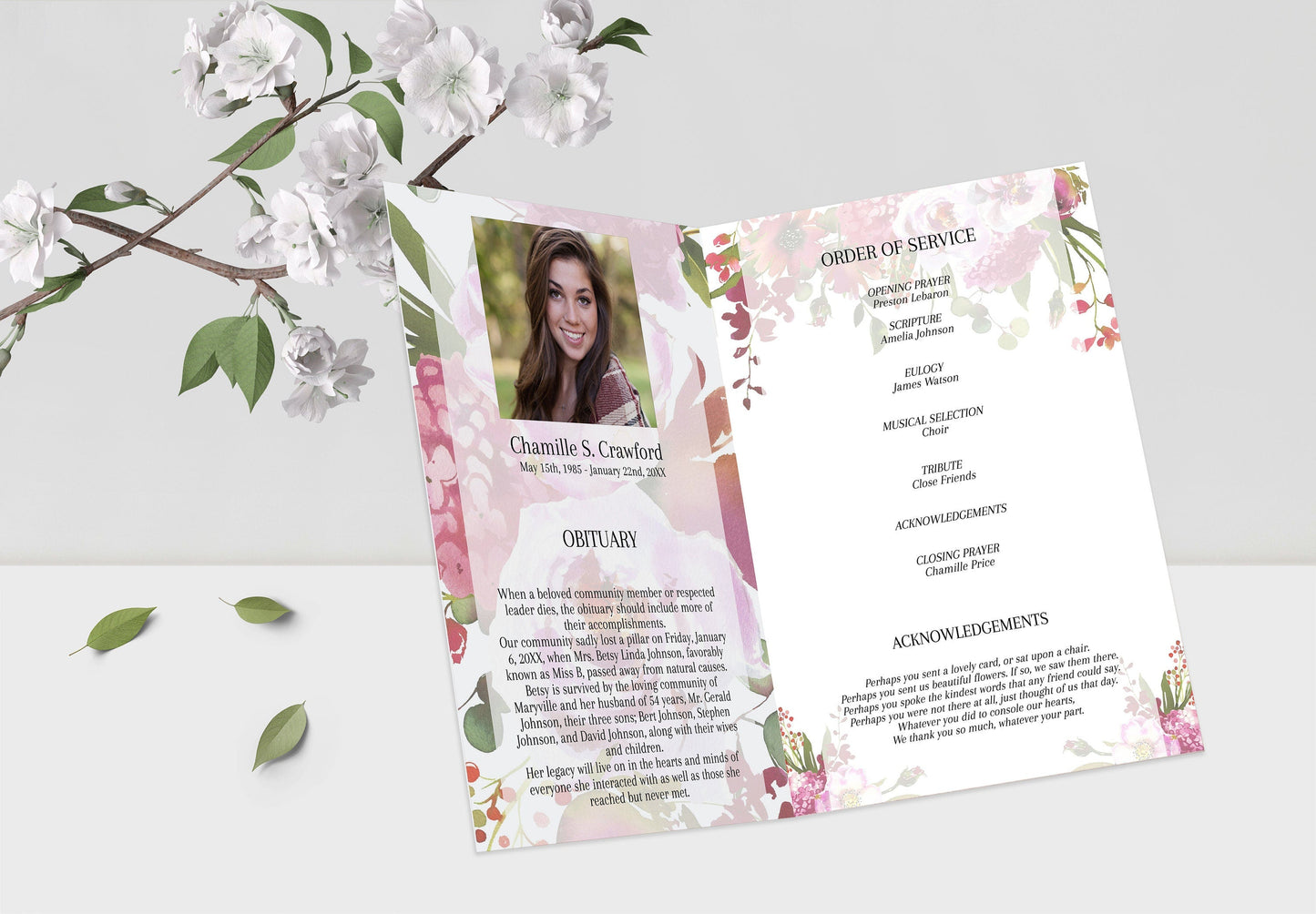 Editable Pink Flora Funeral Program For Woman - 4 Page