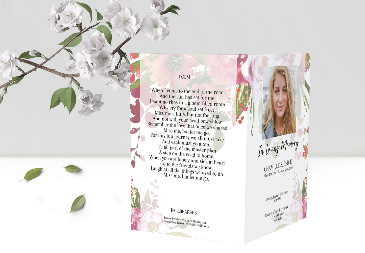 Editable Pink Flora Funeral Program For Woman - 4 Page