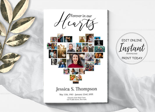 Heart Collage Funeral Program Template | Obituary Template |  Celebration of Life | Memorial Program Template |  A117