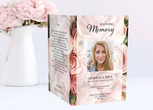 Pink roses throughout this funeral program sample