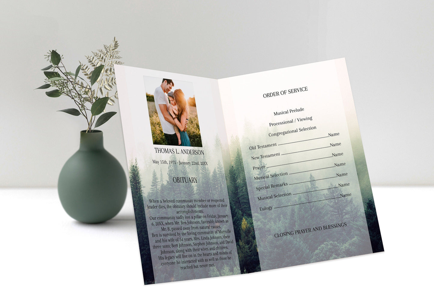 Inside 4 page funeral program with misty forest background