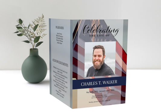 Memorial service program template with american flag background