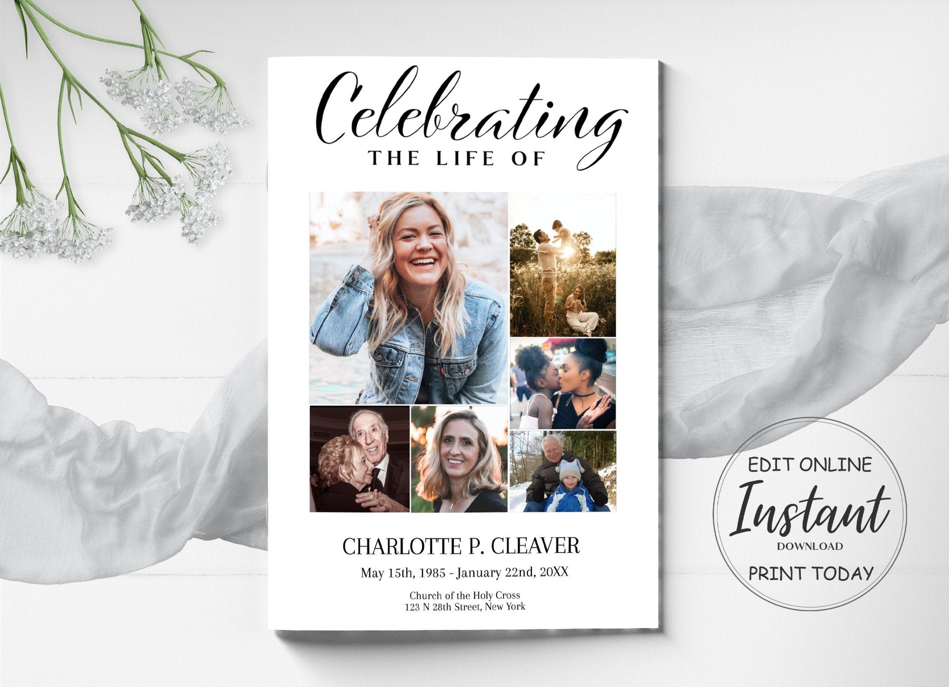 six photos on a funeral program template instant download sticker