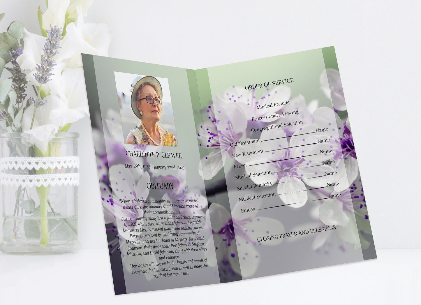 Purple Funeral Program Template for Woman | Obituary Template to Honor Your Loved One | Purple Celebration of Life Memorial Program | A113