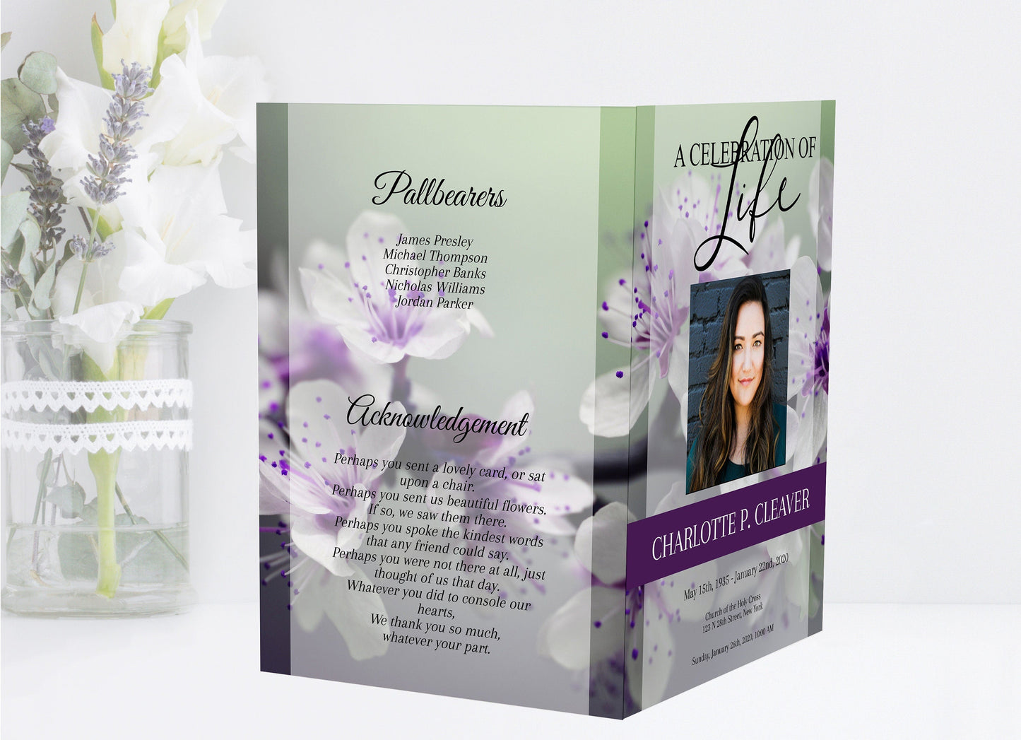 Purple Funeral Program Template for Woman | Obituary Template to Honor Your Loved One | Purple Celebration of Life Memorial Program | A113