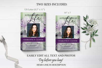 Purple Funeral Program Template for Woman | Obituary Template to Honor Your Loved One | Purple Celebration of Life Memorial Program | A113