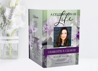 Purple Funeral Program Template for Woman | Obituary Template to Honor Your Loved One | Purple Celebration of Life Memorial Program | A113