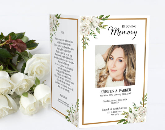 White Roses Funeral Program Template for Woman | Obituary Template to Honor Your Loved One | Gold Celebration of Life Program |  A107