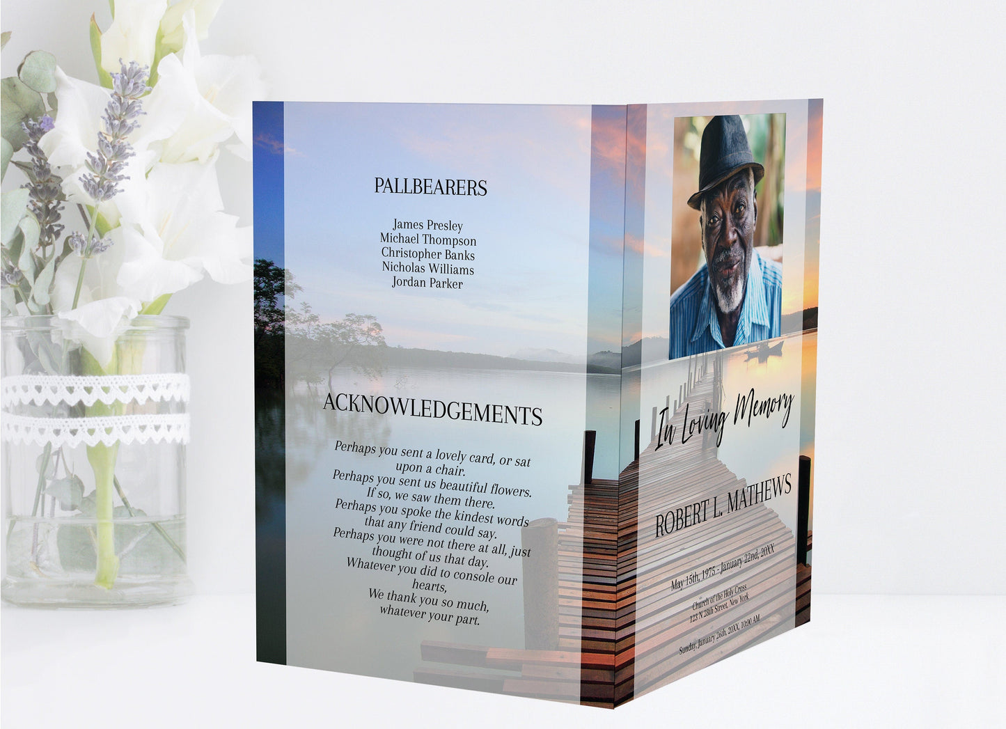 Dock At Sunset Theme Funeral Program Template - 4 Page