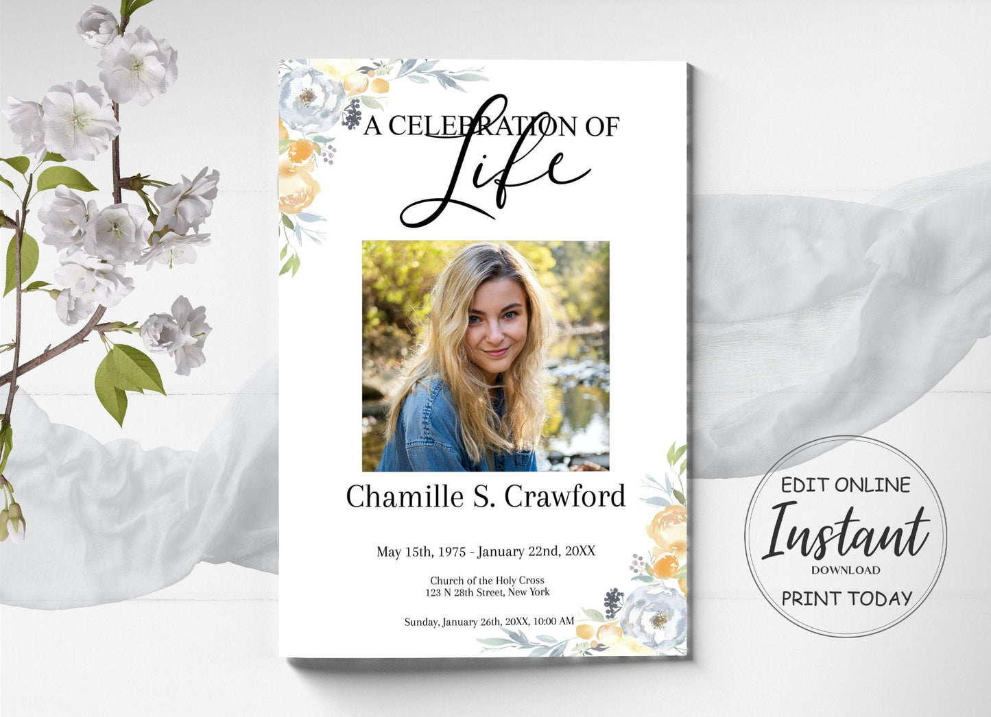 White & Yellow Floral Funeral Program Template - 4 Page