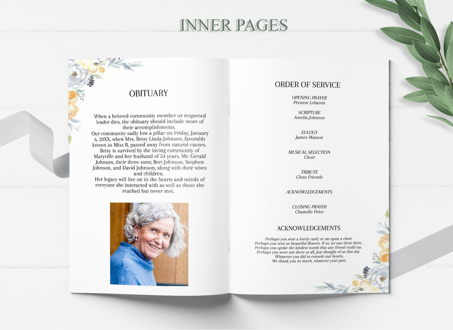 White & Yellow Floral Funeral Program Template - 4 Page