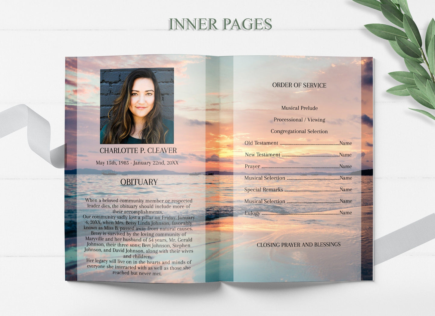 Ocean Sunset Funeral Program Template for Woman |  Obituary Template | Celebration of Life Program |  Memorial Program Template |   A119