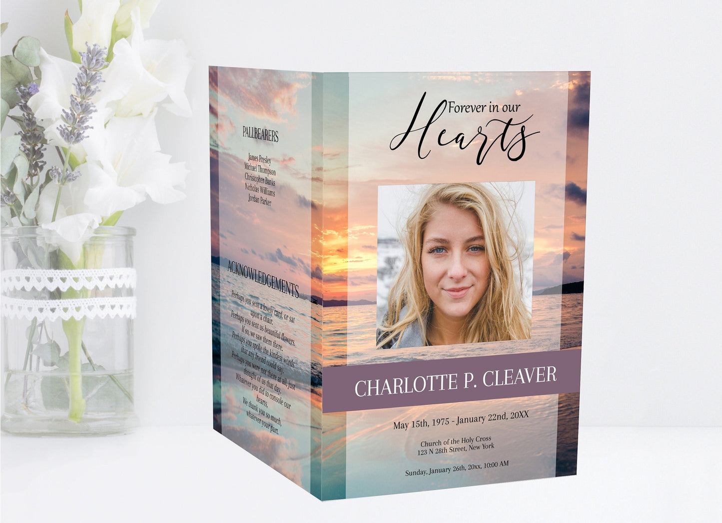 Ocean Sunset Funeral Program Template for Woman |  Obituary Template | Celebration of Life Program |  Memorial Program Template |   A119