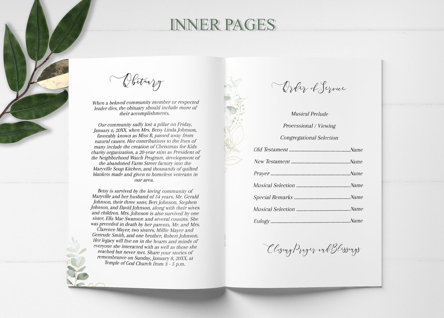 Funeral Program Template | Greenery & Gold Obituary Template to Honor Your Loved One | Celebration of Life  | B102