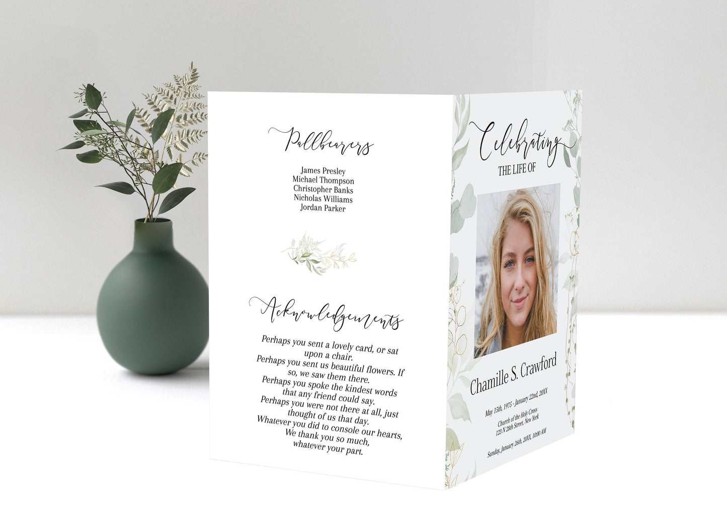 Light Greenery Funeral Program Template - 8 Page