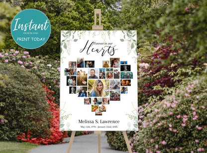 Greenery Border Heart Collage Funeral Poster Template