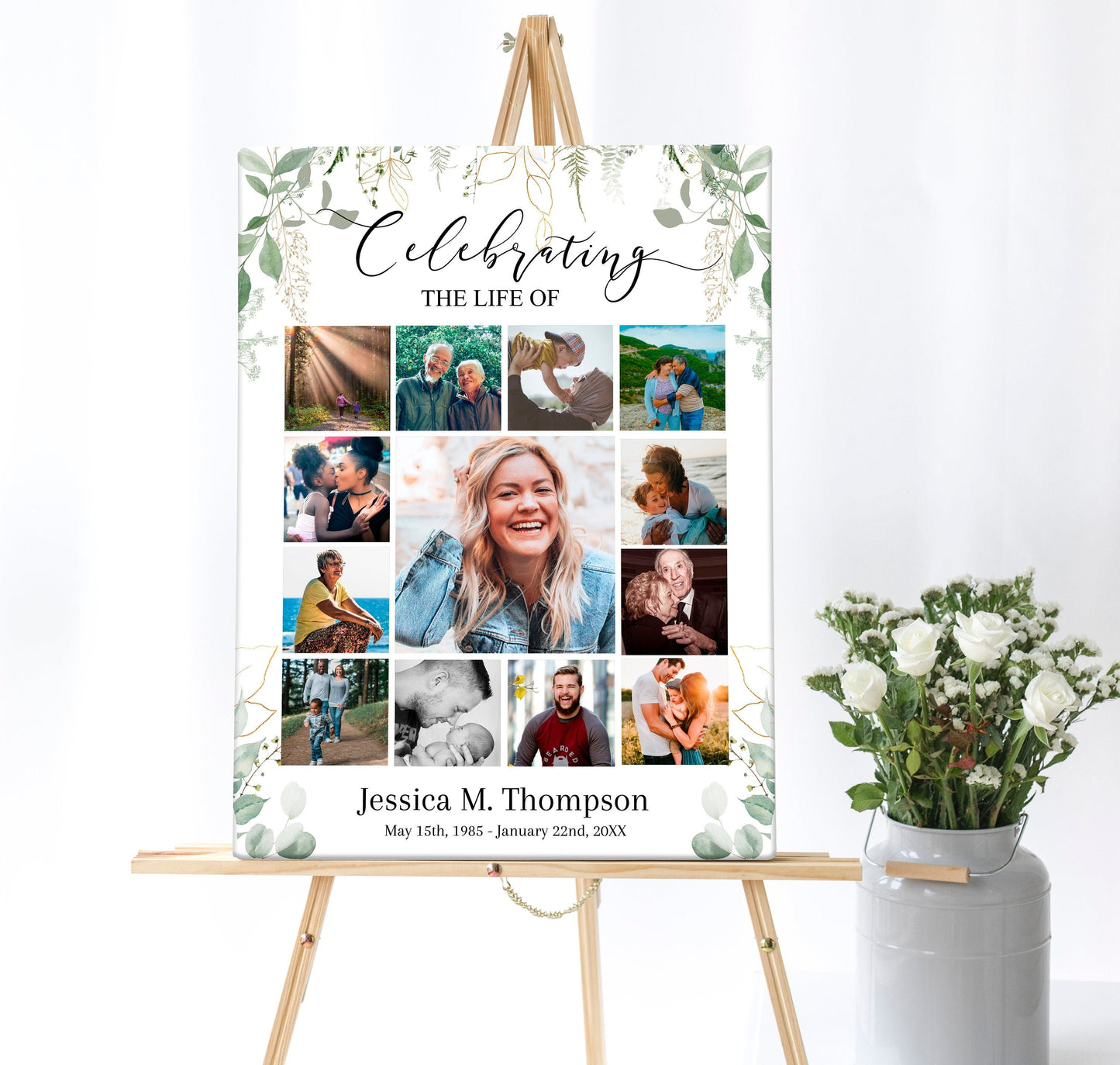 Greenery border with photo collage center poster for funeral service